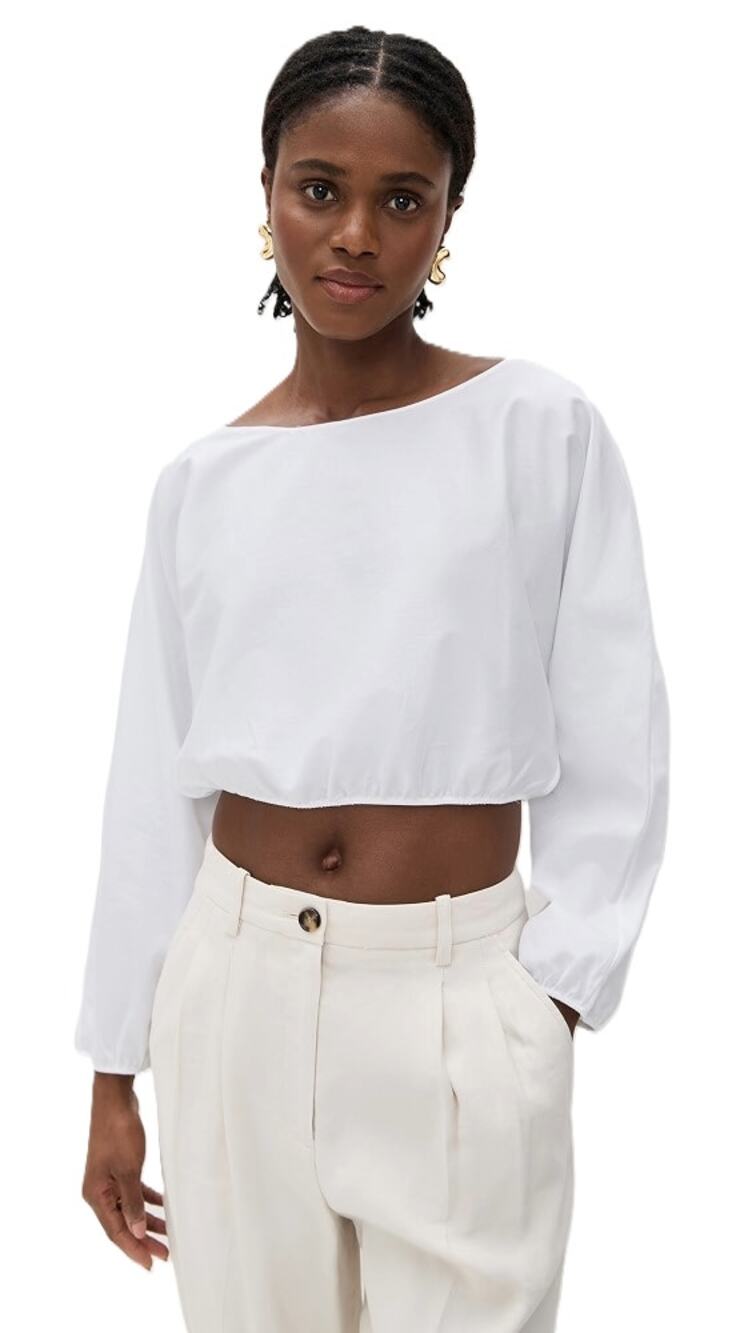 Leset Women White Cotton Yoko Long Sleeve Cropped Boatneck Blouson Top Size L